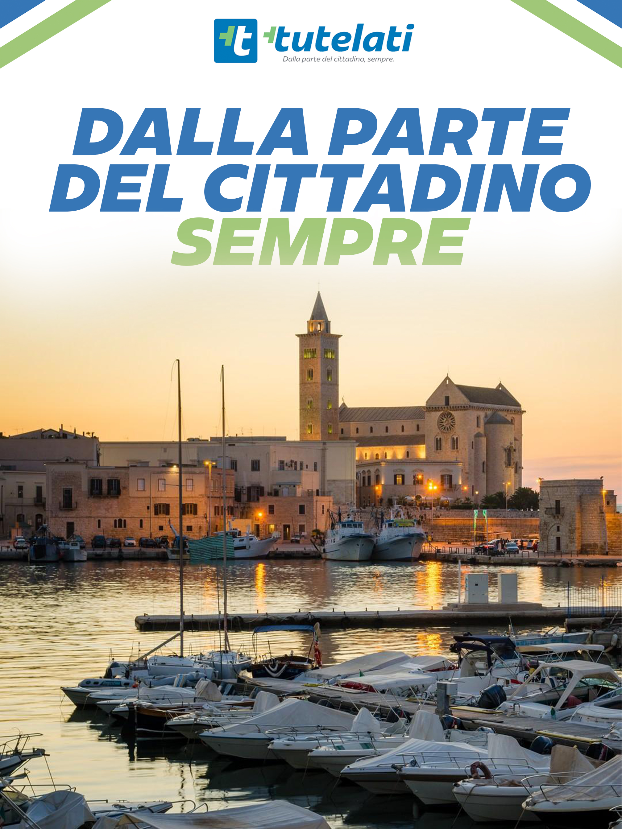 Locandina Più Tutelati — Dalla parte del cittadino, sempre, con il porto di Trani